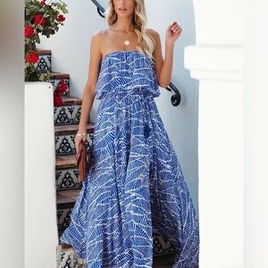 Blue & White Print Strapless Flowy Maxi Dress Sz L Large